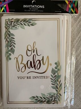Beautiful Baby Shower Invitations Leaf Vine Green & Gold, 30 pieces.
